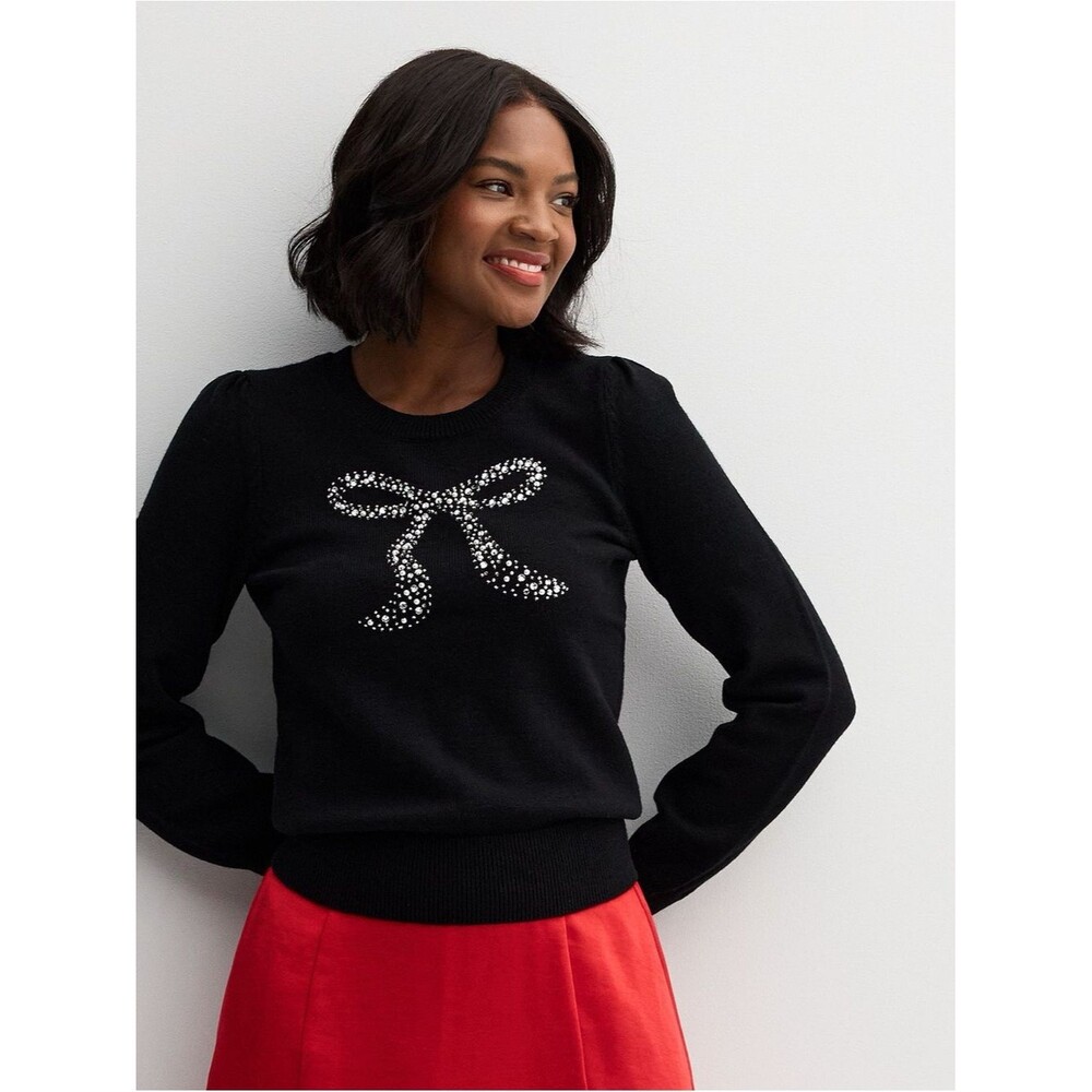 Draper James Pearl Ivory Bow Black Knit Sweater Sz M